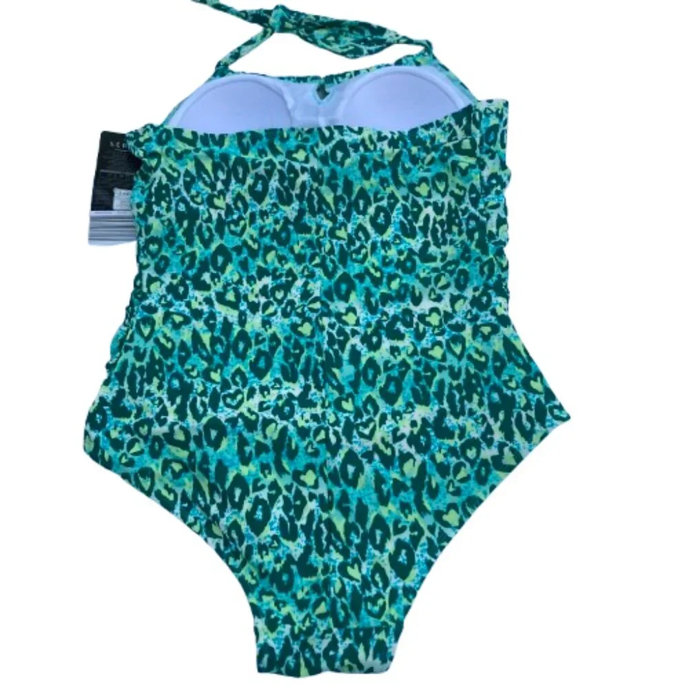 Serra NWT Swimsuit One Piece Halter Blue-Green Cheetah Premium Molded Cups Large